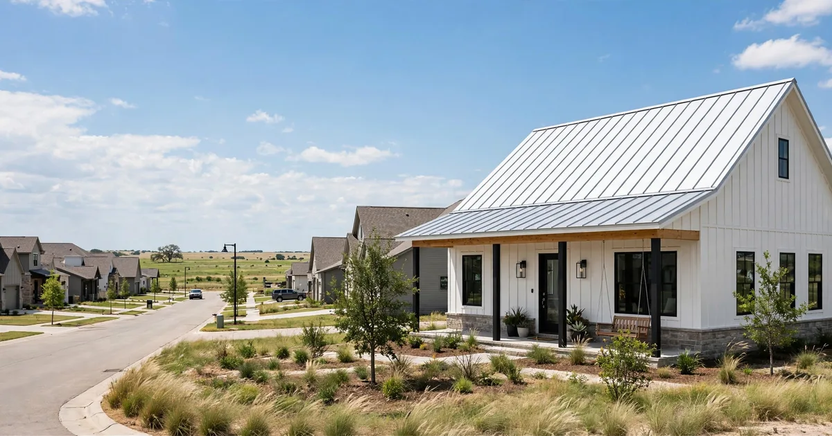 Metal roofing in Sunterra, Katy: standing-seam metal roof glowing at golden hour over a suburban home