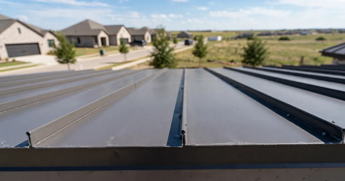 Metal roofing in Tamarron, Katy: standing-seam metal roof glowing at golden hour over a suburban home