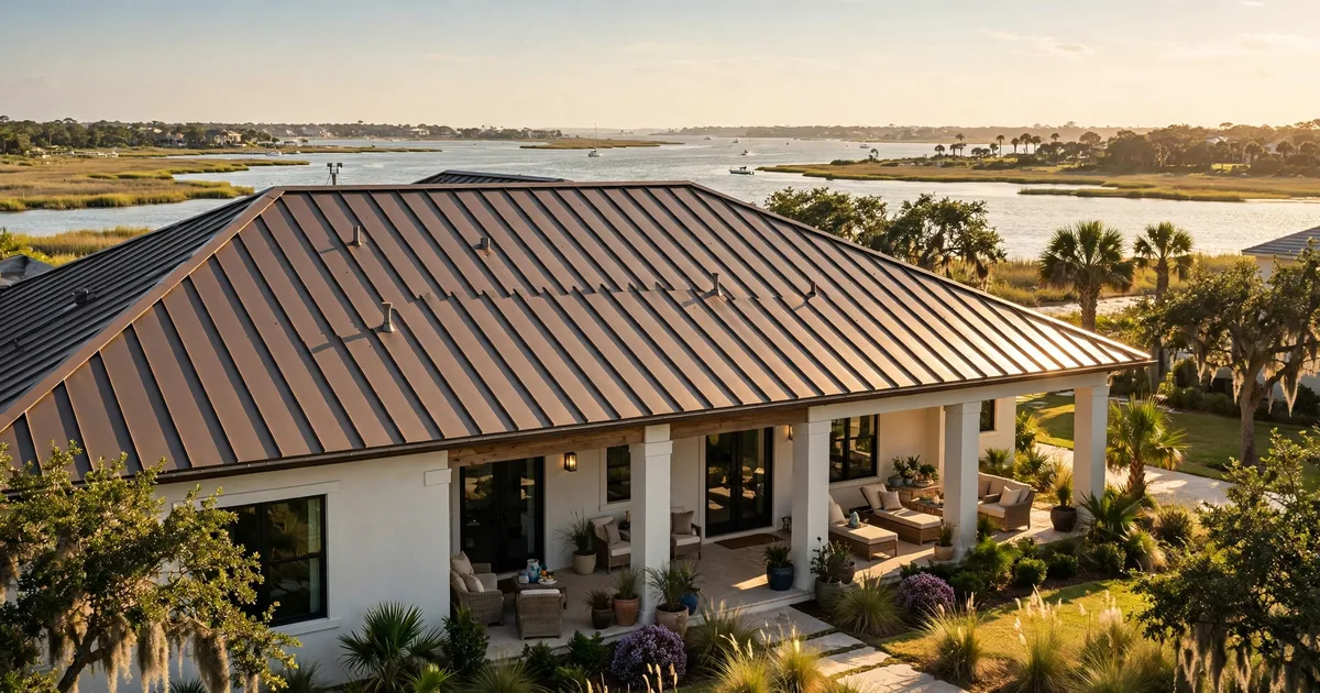 Metal roofing in Bay Colony, League City: aerial view of a subdivision with new standing-seam metal roofs
