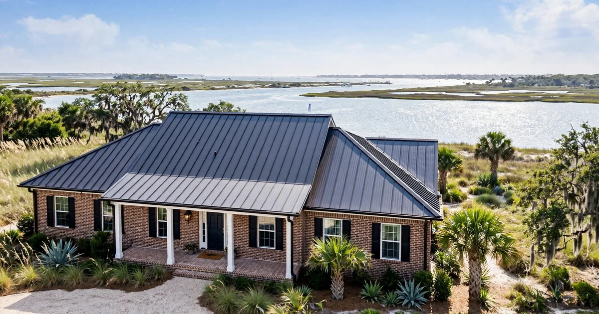 Metal roofing in Coastal Point, League City: silver standing-seam metal roof on a modern farmhouse, clear sky