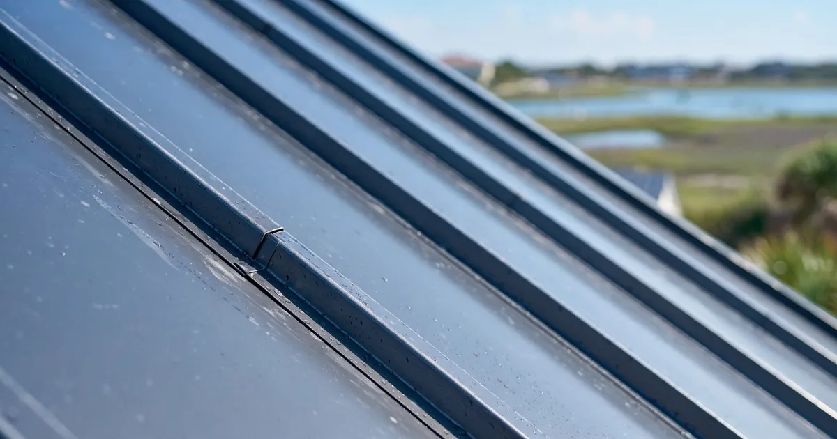 Metal roofing in Lago Mar, League City: charcoal standing-seam roof on a brick home under bright daylight