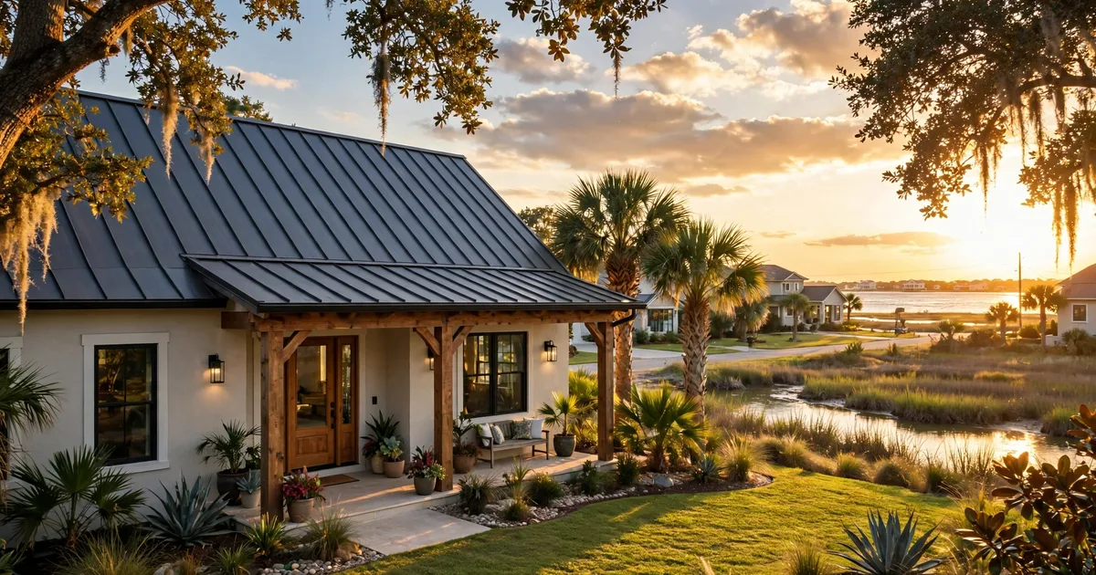 Metal roofing in Magnolia Creek, League City: standing-seam metal roof glowing at golden hour over a suburban home
