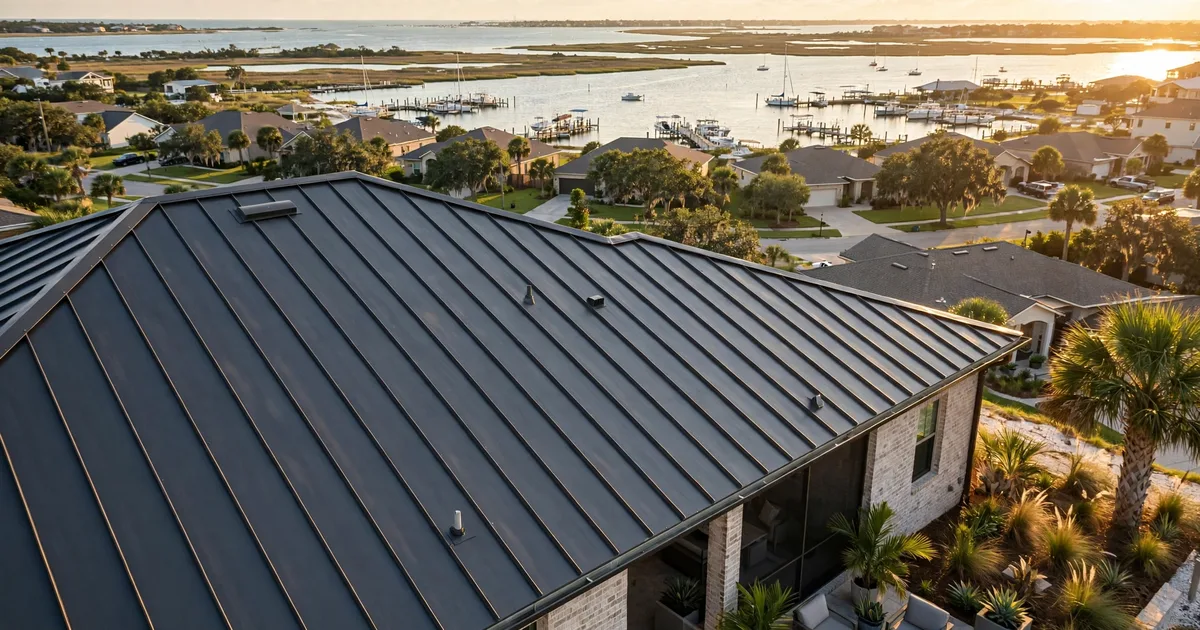 Metal roofing in South Shore Harbour, League City: aerial view of a subdivision with new standing-seam metal roofs