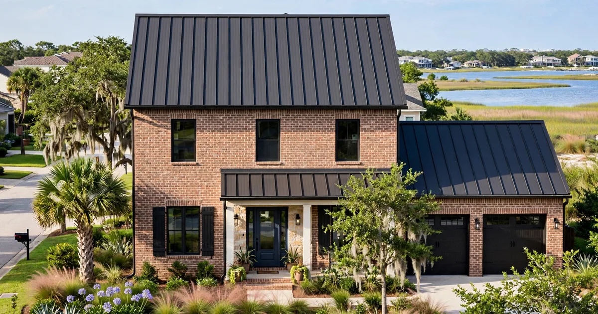 Metal roofing in Tuscan Lakes, League City: aerial view of a subdivision with new standing-seam metal roofs