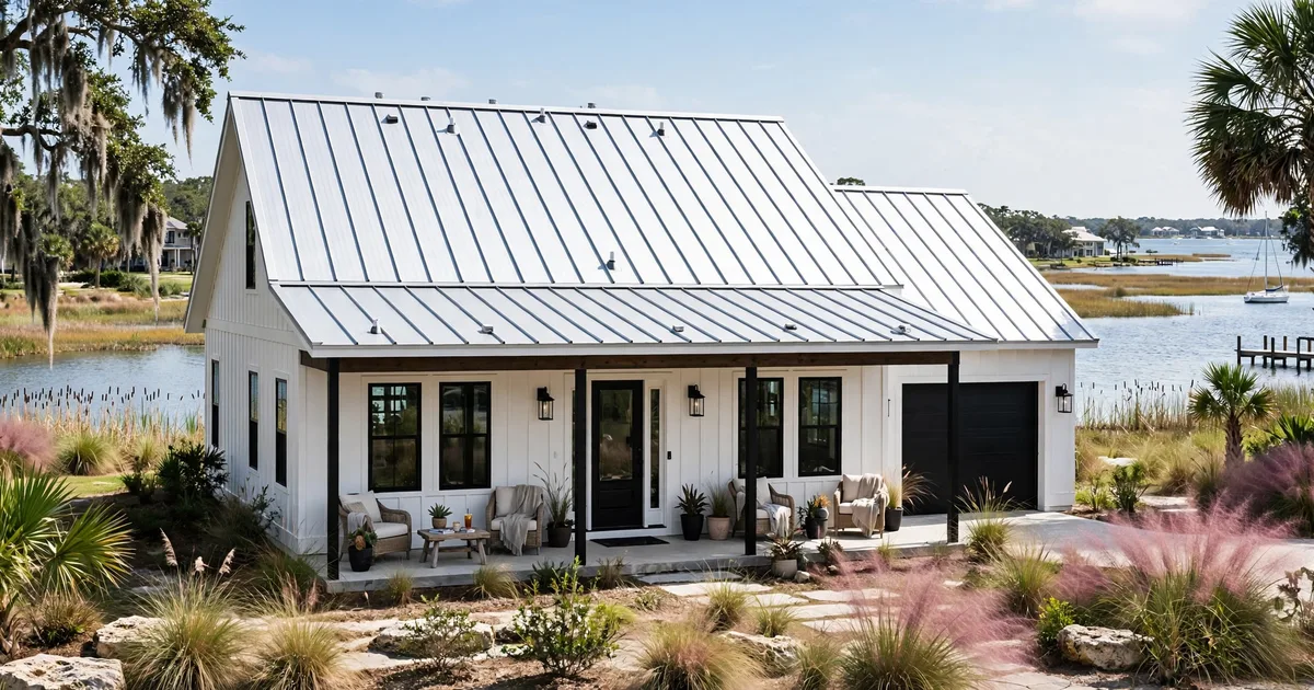 Metal roofing in Victory Lakes, League City: standing-seam metal roof glowing at golden hour over a suburban home