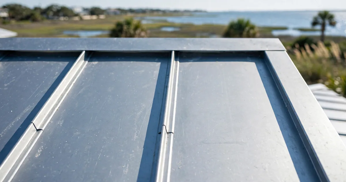 Metal roofing in Westland Ranch, League City: charcoal standing-seam roof on a brick home under bright daylight