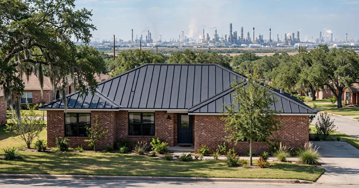 Metal roofing in Baywood Oaks, Pasadena: standing-seam metal roof glowing at golden hour over a suburban home
