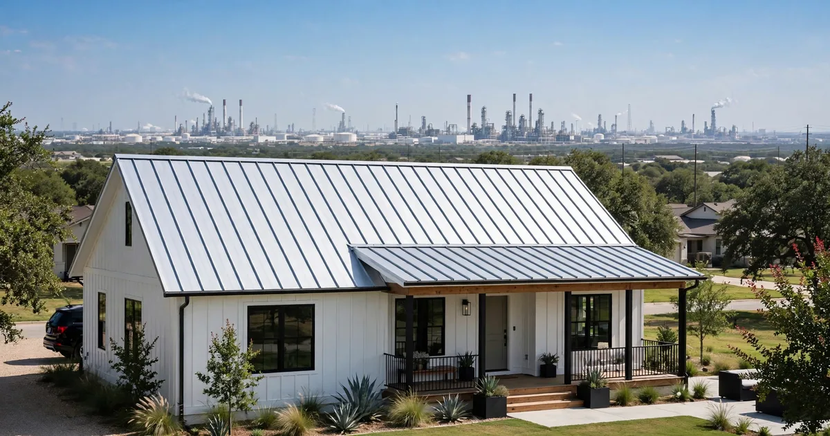 Metal roofing in Baywood Shadows, Pasadena: charcoal standing-seam roof on a brick home under bright daylight