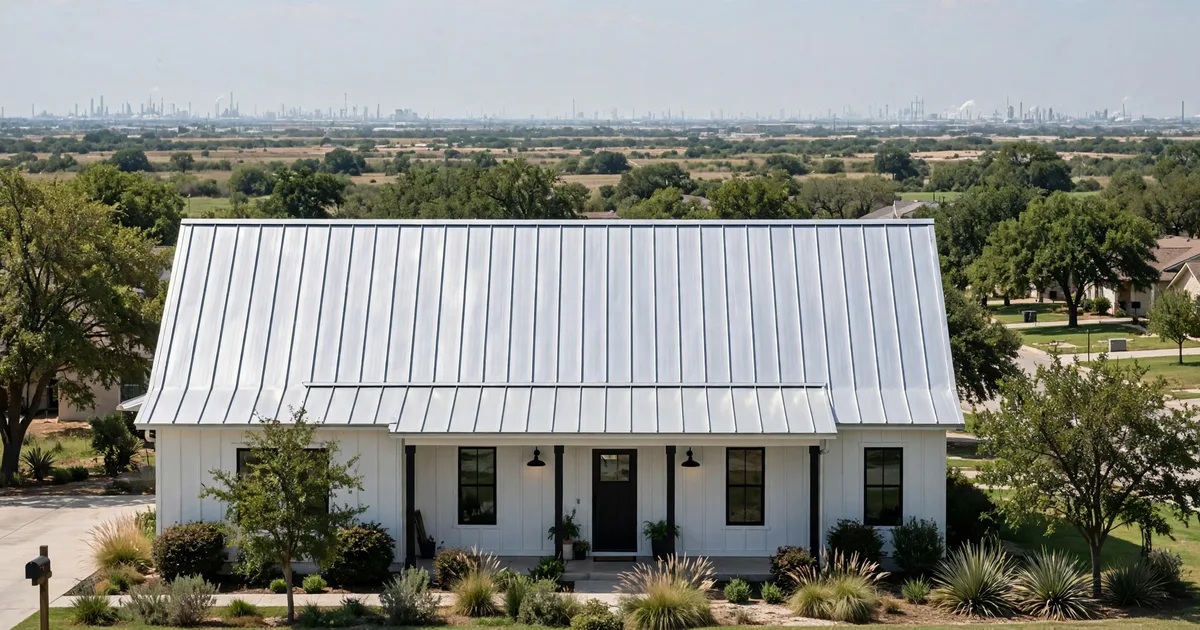 Metal roofing in Country Meadows, Pasadena: charcoal standing-seam roof on a brick home under bright daylight