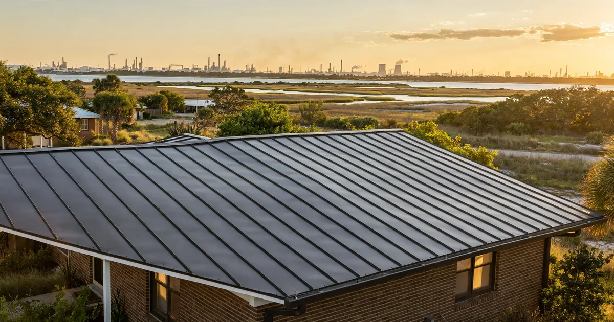Metal roofing in El Jardin Del Mar, Pasadena: silver standing-seam metal roof on a modern farmhouse, clear sky