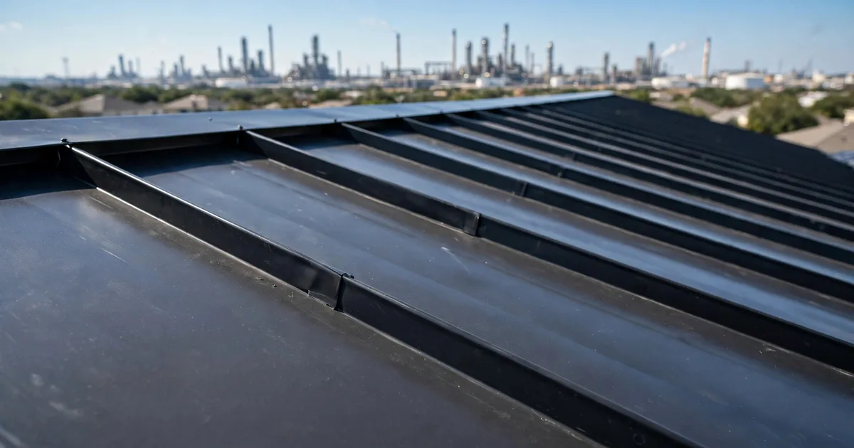 Metal roofing in Parkview Estates, Pasadena: charcoal standing-seam roof on a brick home under bright daylight