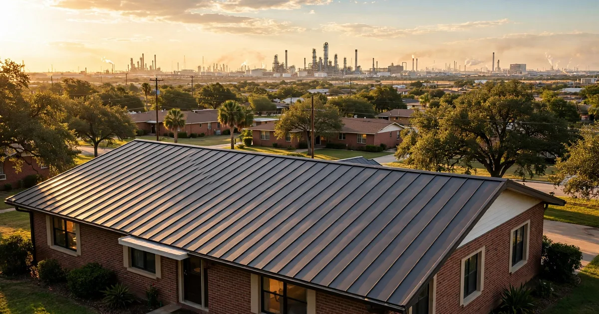Metal roofing in Parkview Manor, Pasadena: standing-seam metal roof glowing at golden hour over a suburban home