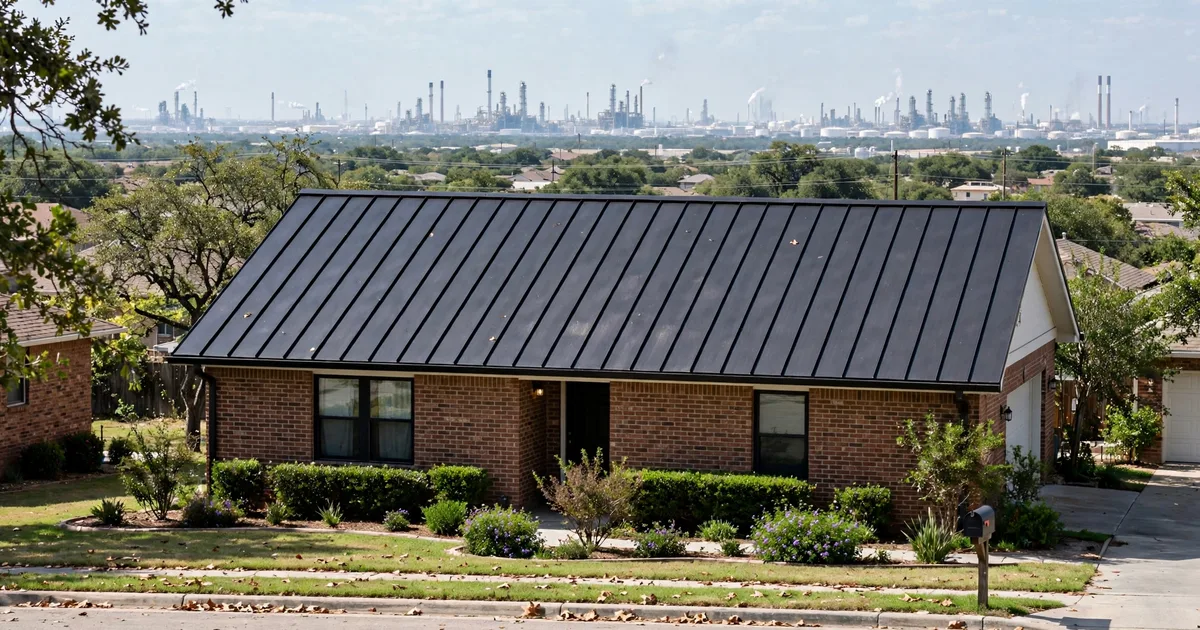 Metal roofing in Pasadena Gardens, Pasadena: aerial view of a subdivision with new standing-seam metal roofs