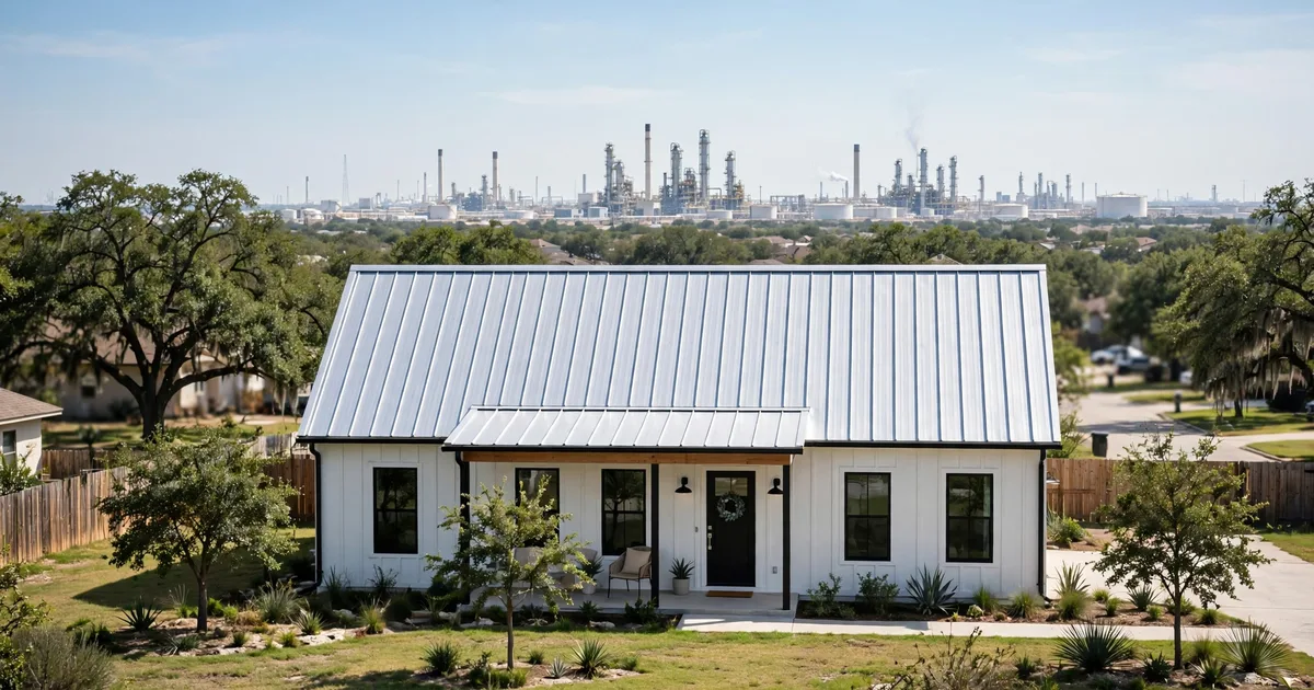 Metal roofing in Pasadena River Oaks, Pasadena: aerial view of a subdivision with new standing-seam metal roofs