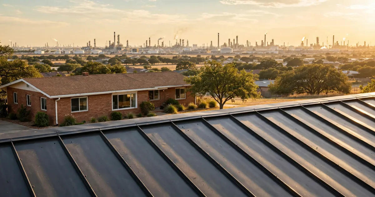 Metal roofing in Turtle Creek, Pasadena: charcoal standing-seam roof on a brick home under bright daylight