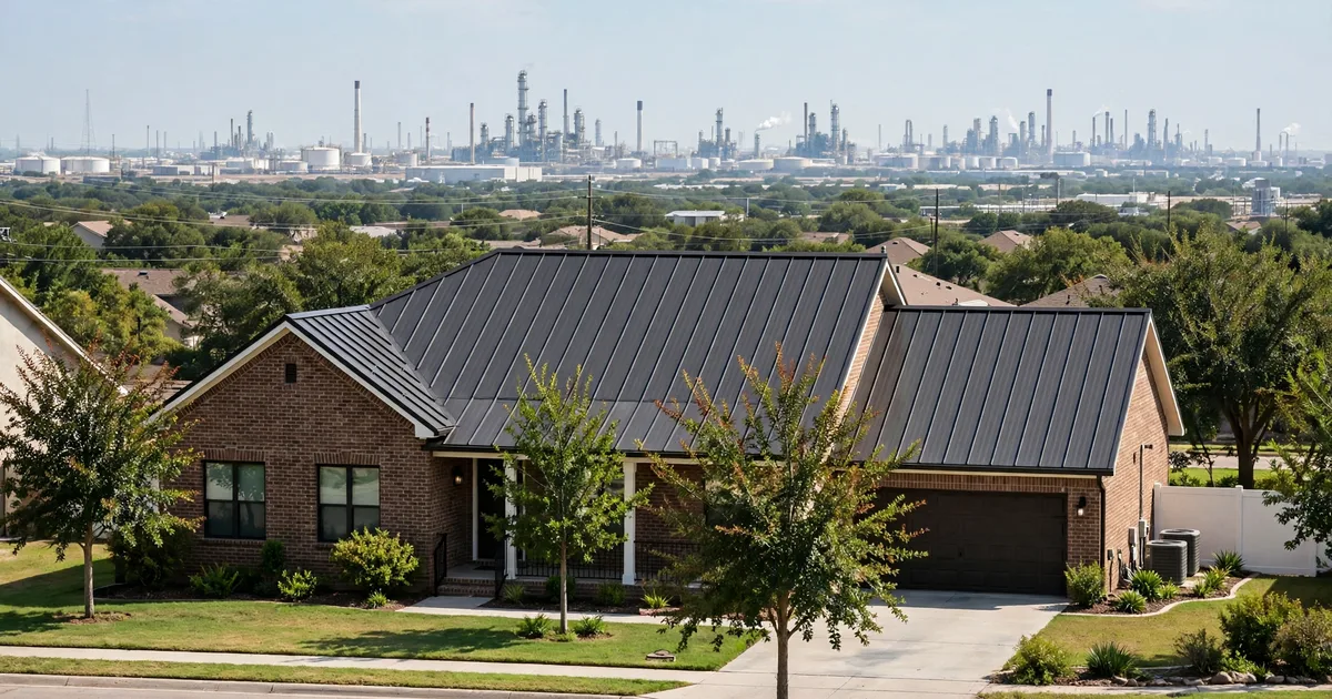 Metal roofing in Village Grove East, Pasadena: standing-seam metal roof glowing at golden hour over a suburban home
