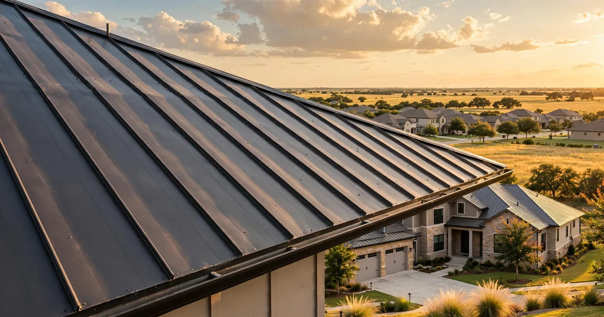Metal roofing in Country Place, Pearland: charcoal standing-seam roof on a brick home under bright daylight