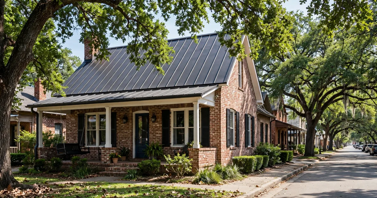 Metal roofing in Downtown Pearland, Pearland: charcoal standing-seam roof on a brick home under bright daylight