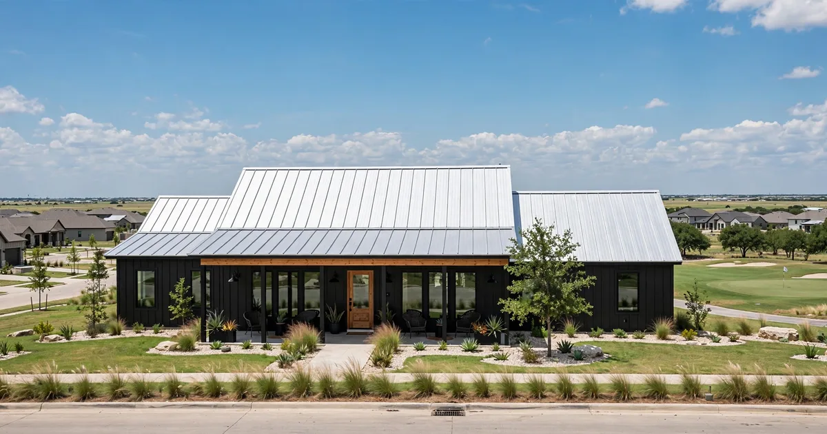 Metal roofing in Green Tee, Pearland: standing-seam metal roof glowing at golden hour over a suburban home