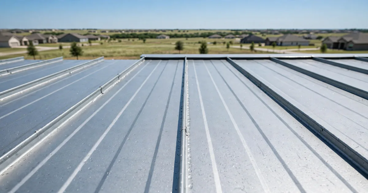 Metal roofing in Highland Glen, Pearland: close-up of raised seams on a new standing-seam metal roof