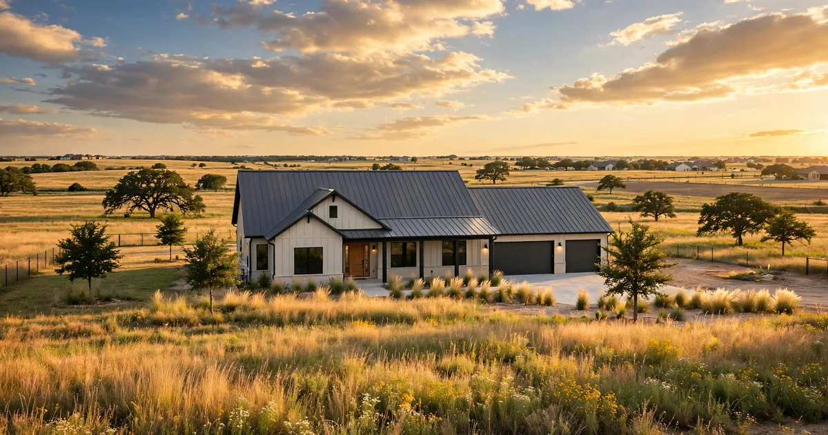 Metal roofing in Pearland Farms, Pearland: standing-seam metal roof glowing at golden hour over a suburban home