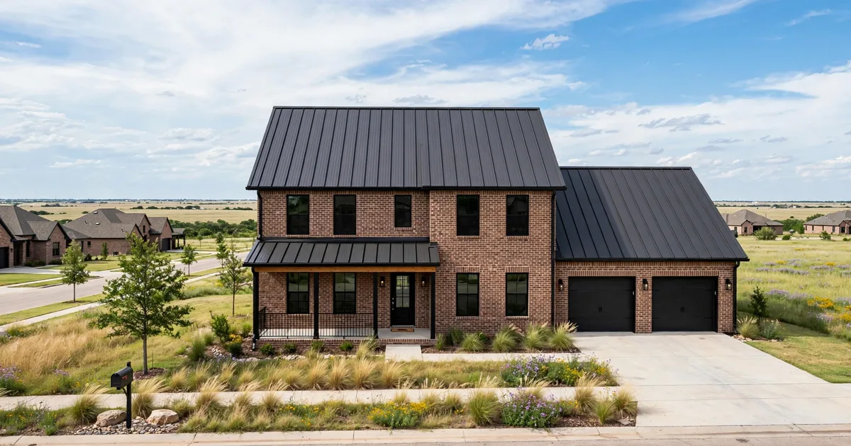 Metal roofing in Shadow Creek, Pearland: charcoal standing-seam roof on a brick home under bright daylight