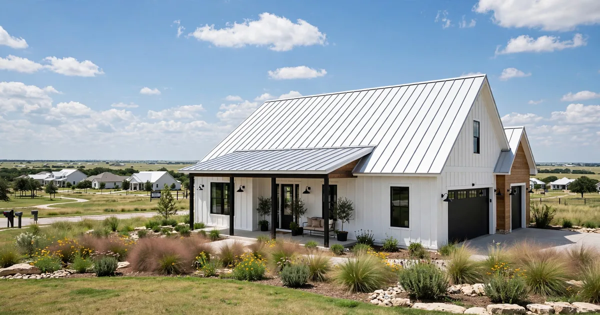 Metal roofing in Silvercreek, Pearland: aerial view of a subdivision with new standing-seam metal roofs