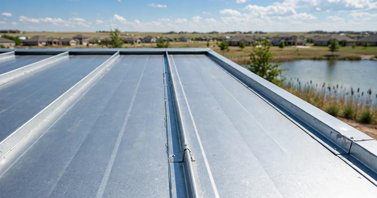 Metal roofing in Silverlake, Pearland: standing-seam metal roof glowing at golden hour over a suburban home