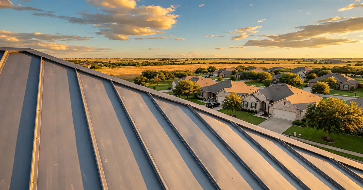 Metal roofing in Southdown, Pearland: silver standing-seam metal roof on a modern farmhouse, clear sky