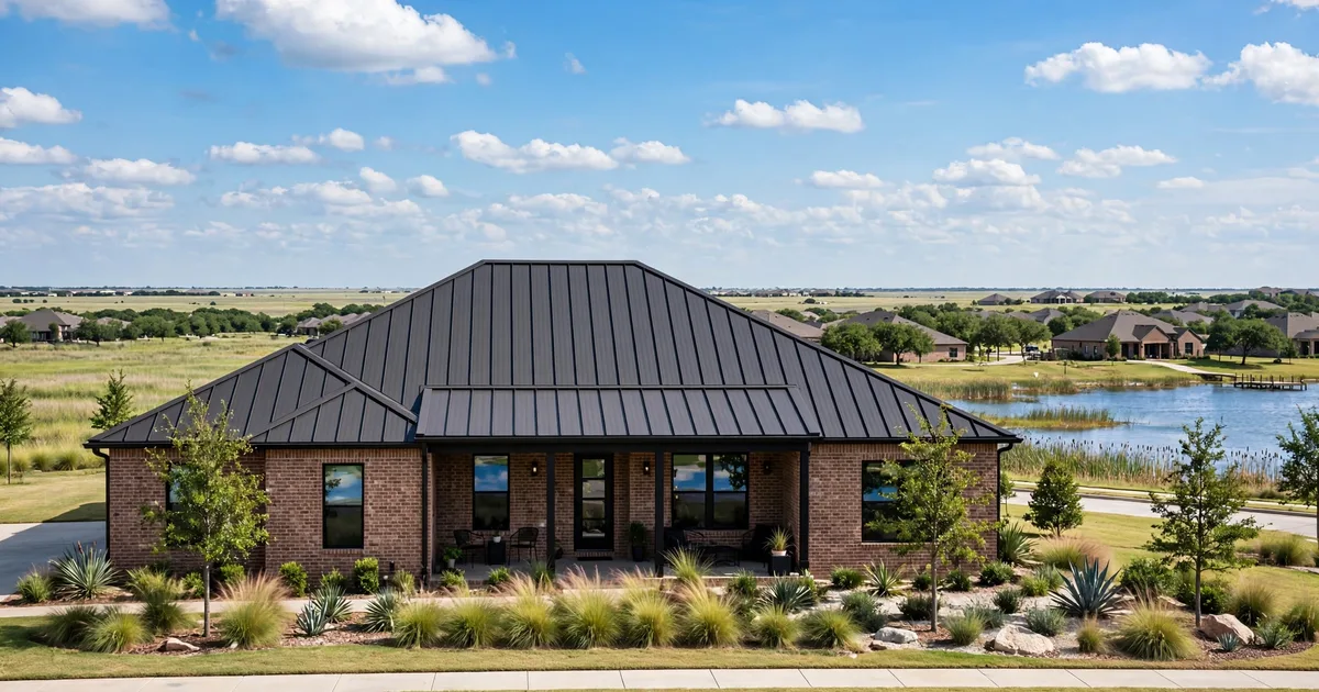 Metal roofing in Southlake, Pearland: standing-seam metal roof glowing at golden hour over a suburban home