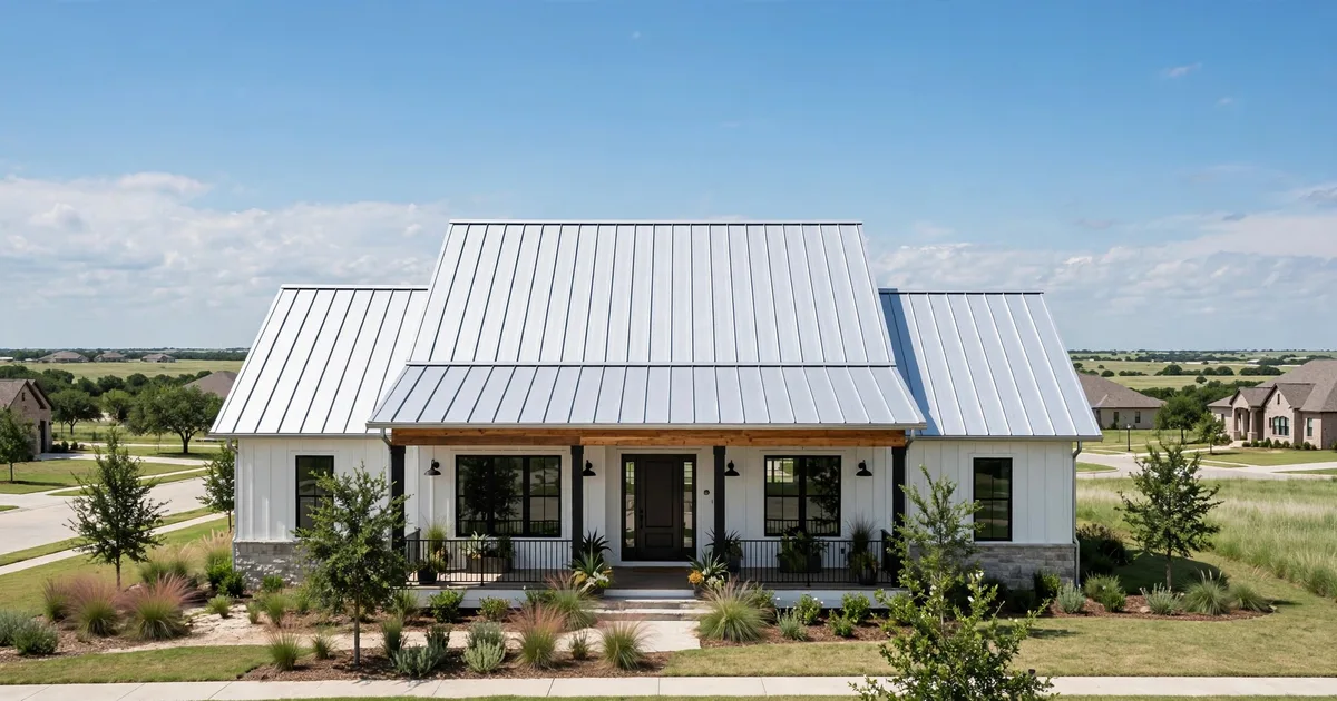 Metal roofing in Southwyck, Pearland: silver standing-seam metal roof on a modern farmhouse, clear sky
