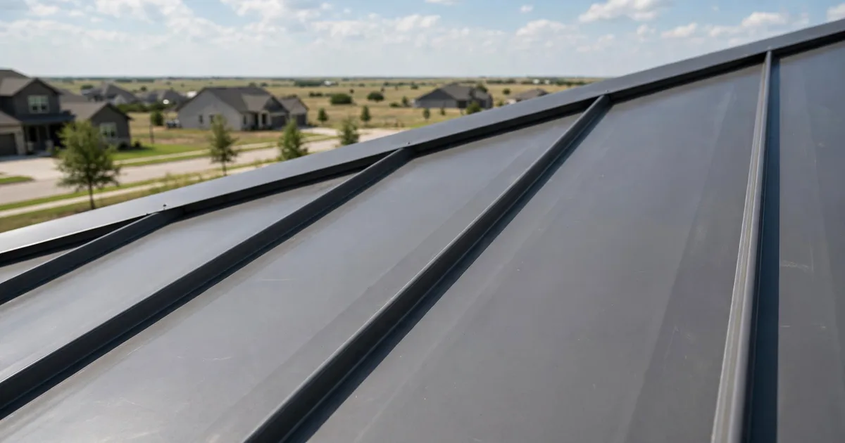 Metal roofing in West Pearland, Pearland: standing-seam metal roof glowing at golden hour over a suburban home