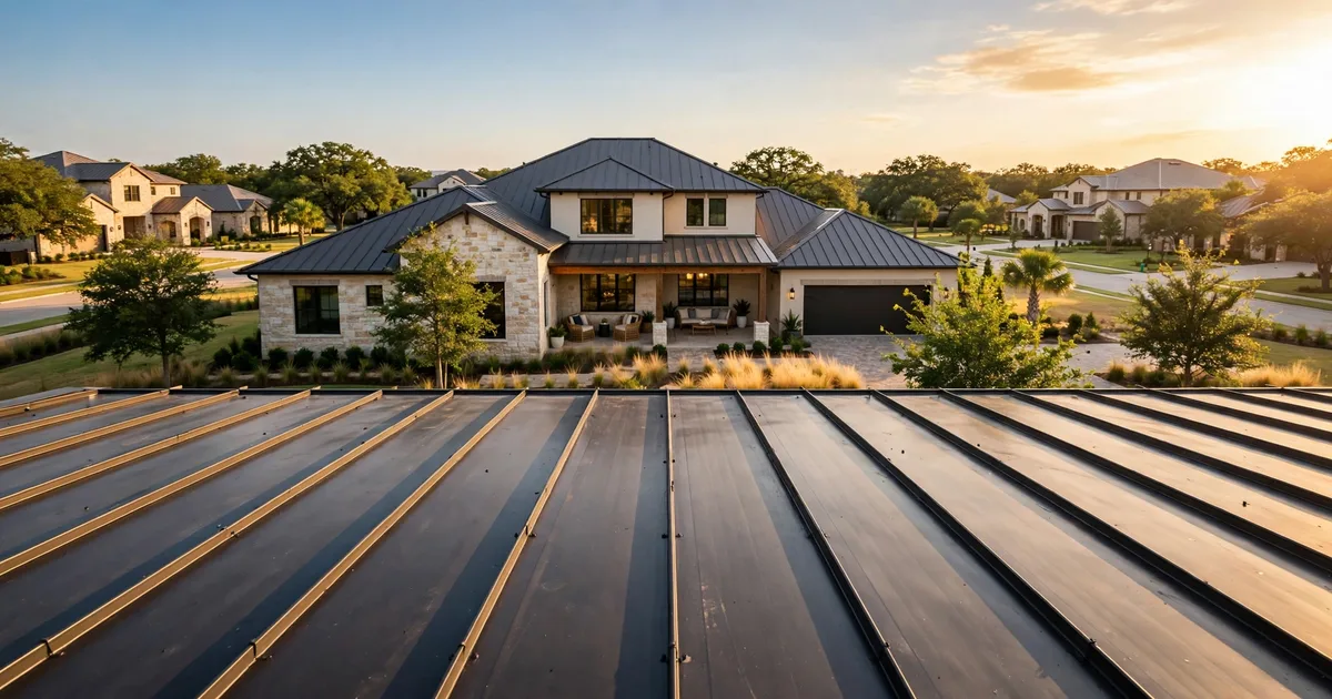 Metal roofing in Avalon, Sugar Land: silver standing-seam metal roof on a modern farmhouse, clear sky