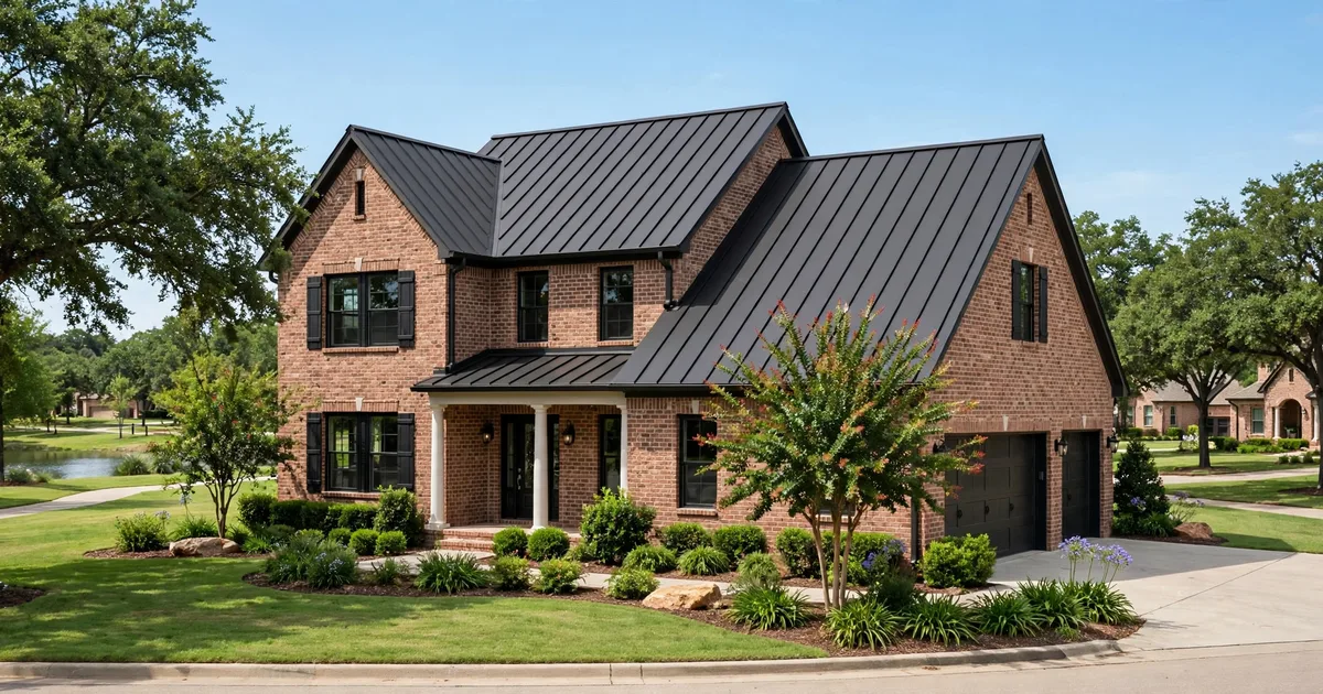 Metal roofing in First Colony, Sugar Land: silver standing-seam metal roof on a modern farmhouse, clear sky