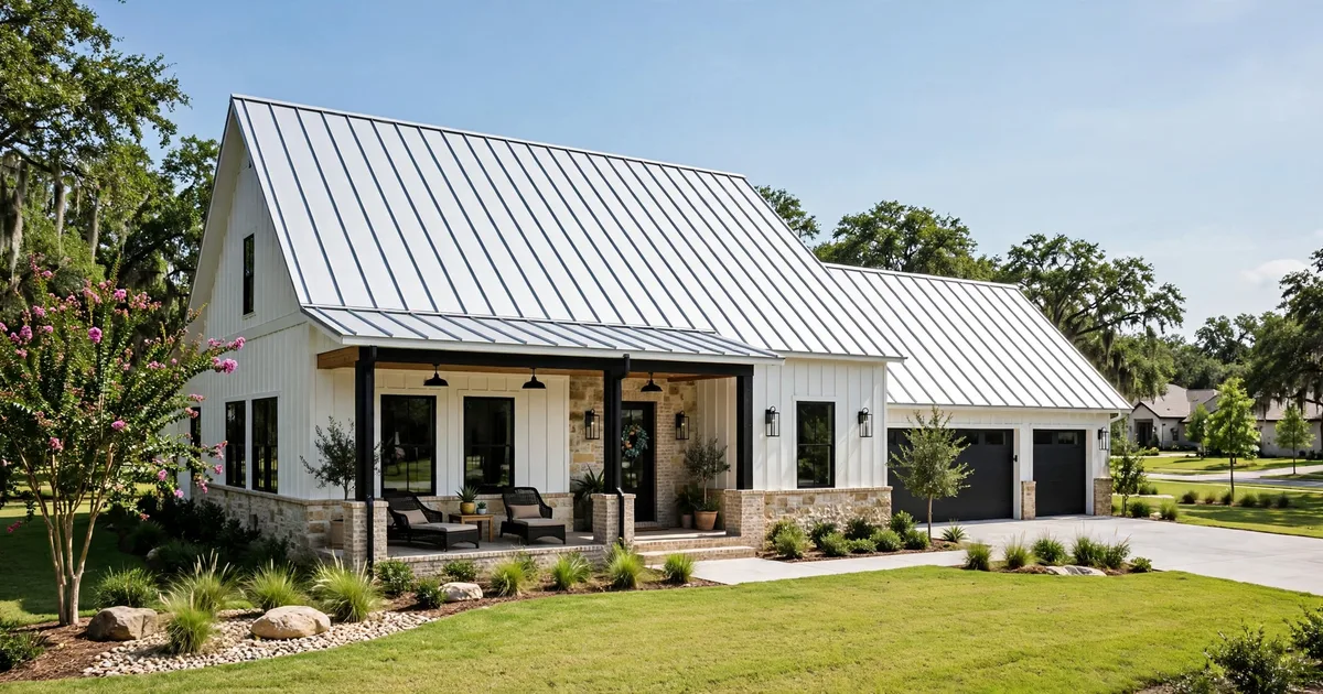 Metal roofing in Greatwood, Sugar Land: silver standing-seam metal roof on a modern farmhouse, clear sky