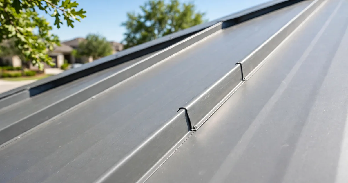 Metal roofing in Imperial Sugar Land, Sugar Land: standing-seam metal roof glowing at golden hour over a suburban home