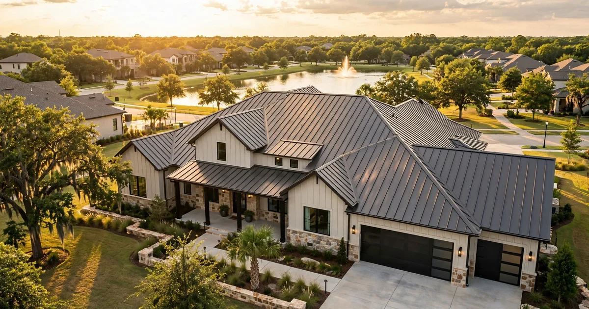 Metal roofing in Lake Pointe, Sugar Land: aerial view of a subdivision with new standing-seam metal roofs