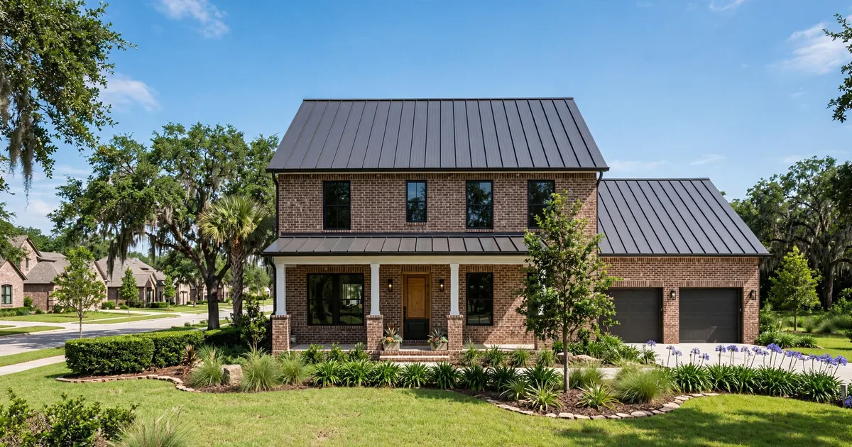 Metal roofing in Plantation Colony, Sugar Land: aerial view of a subdivision with new standing-seam metal roofs