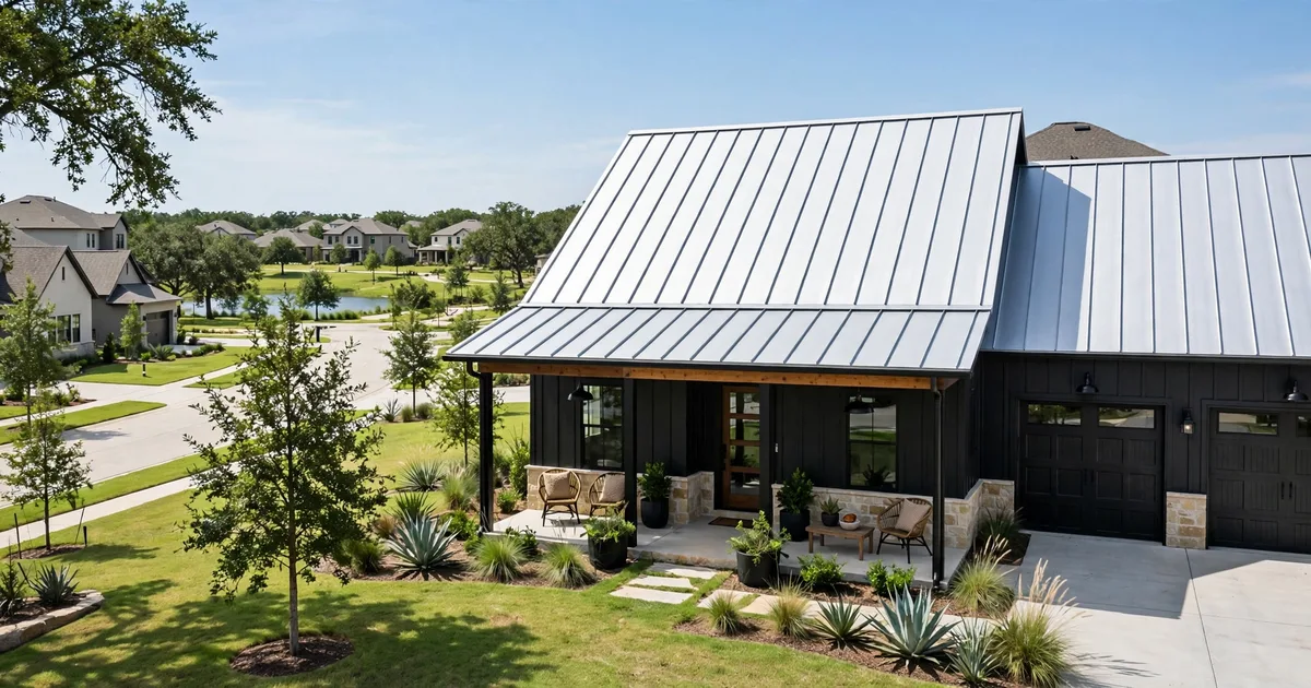 Metal roofing in Riverpark, Sugar Land: close-up of raised seams on a new standing-seam metal roof