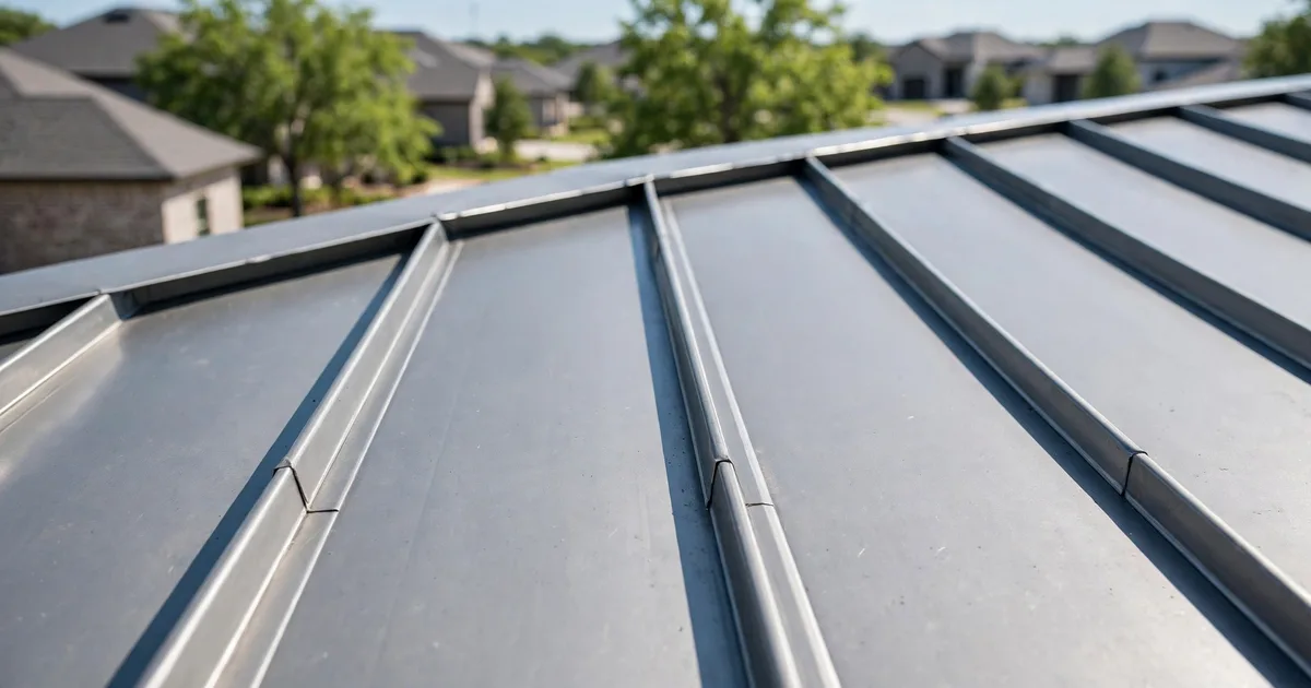 Metal roofing in Riverstone, Sugar Land: close-up of raised seams on a new standing-seam metal roof