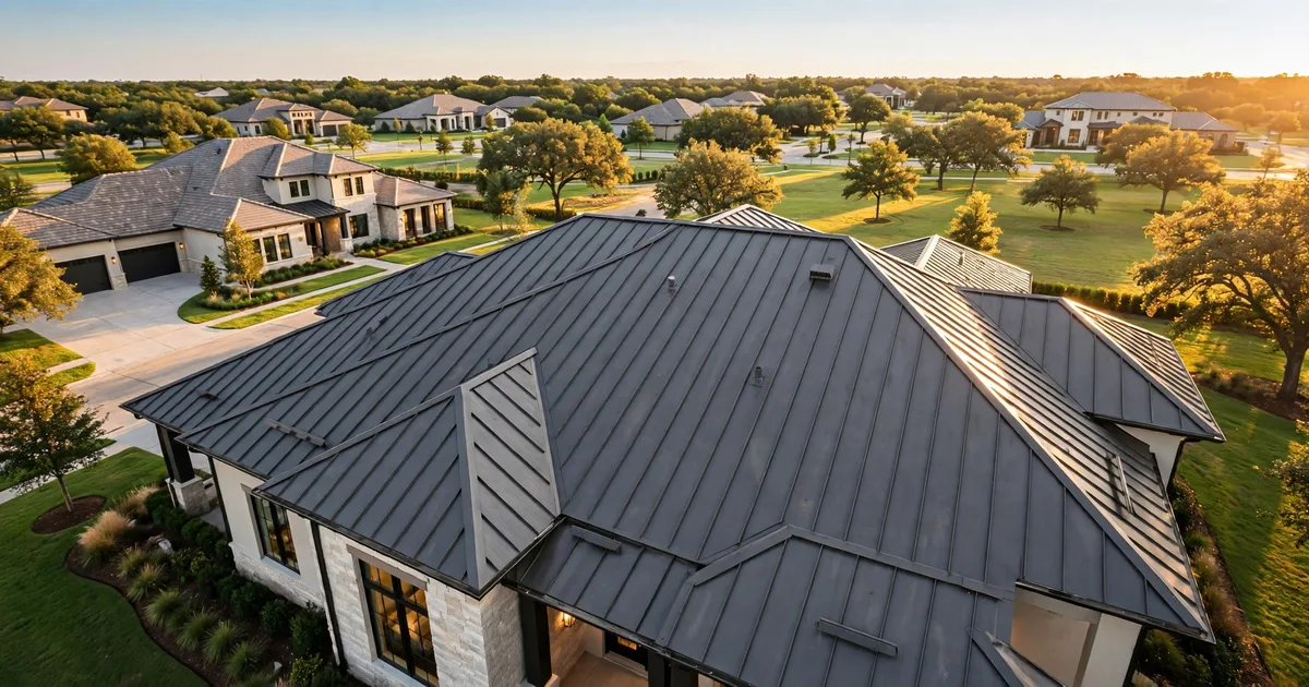 Metal roofing in Stonehaven, Sugar Land: charcoal standing-seam roof on a brick home under bright daylight