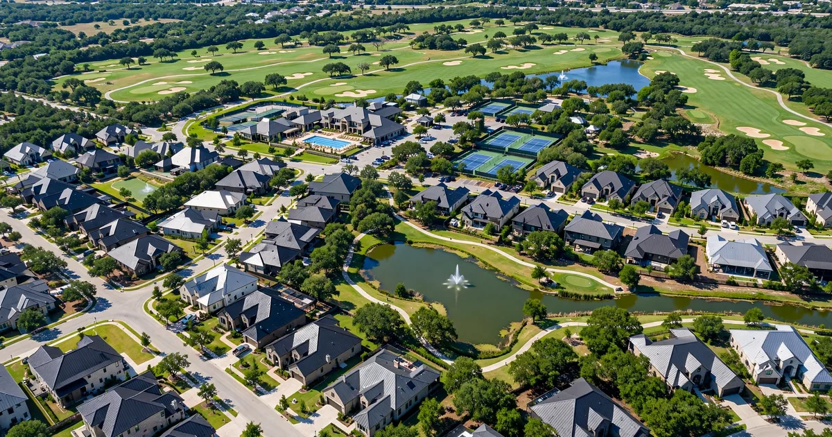 Metal roofing in Sugar Creek, Sugar Land: aerial view of a subdivision with new standing-seam metal roofs