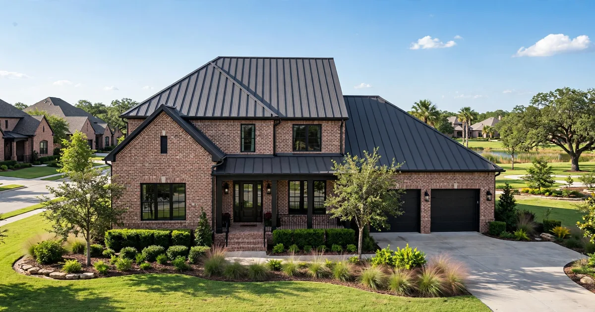 Metal roofing in Sweetwater, Sugar Land: aerial view of a subdivision with new standing-seam metal roofs