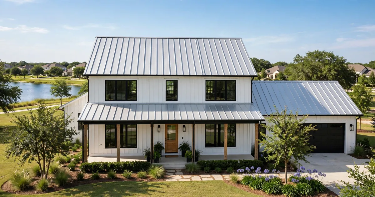 Metal roofing in Telfair, Sugar Land: silver standing-seam metal roof on a modern farmhouse, clear sky