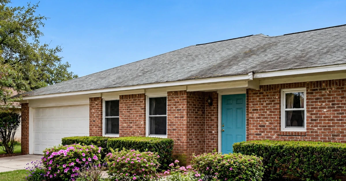 Pasadena Gardens roof repair in Pasadena: brick ranch with medium-gray weathered 3-tab shingles, trimmed hedges and flowering shrubs, clear blue sky