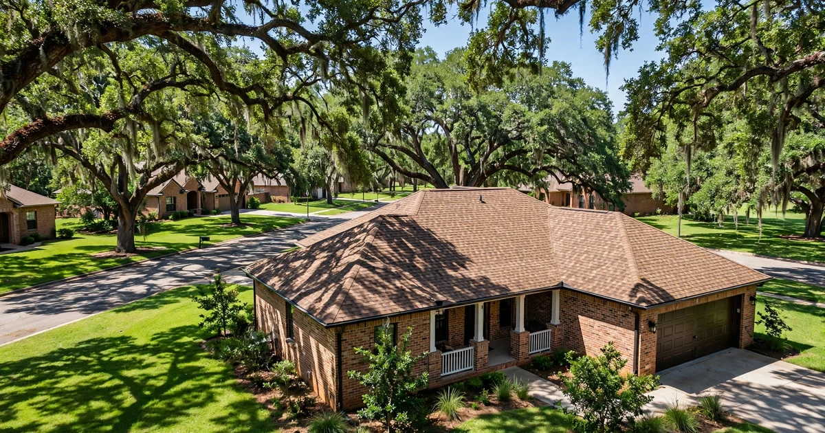 Pasadena River Oaks roof repair in Pasadena: elevated view of a brick home with hickory-tone architectural shingles under arching live oaks