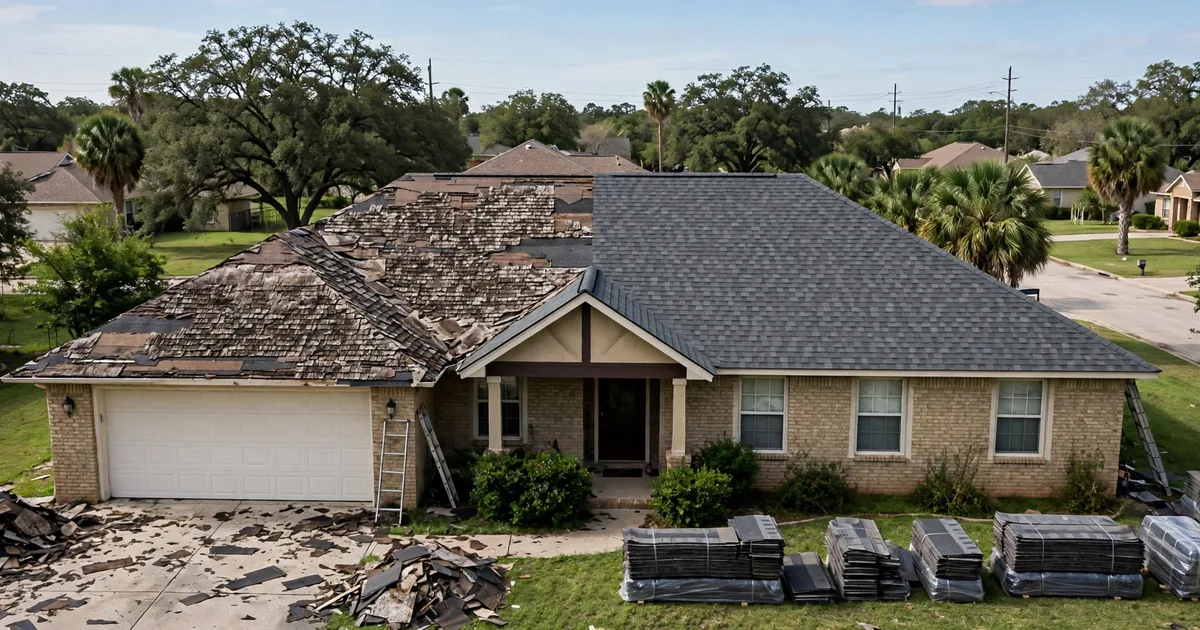Roof replacement in Pasadena: crew installing new architectural shingles