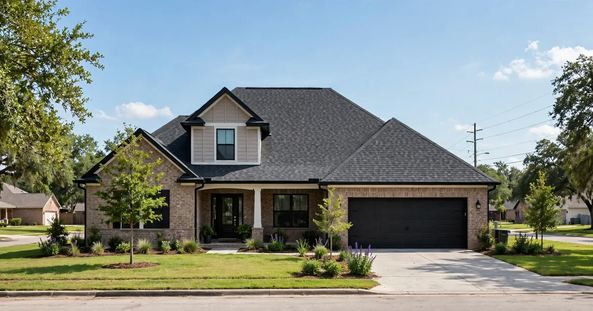 Roof replacement in Pearland: crew installing new architectural shingles