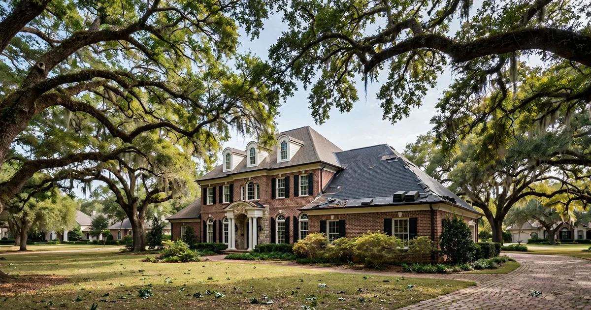 Roof repair in River Oaks: slate work on an estate home