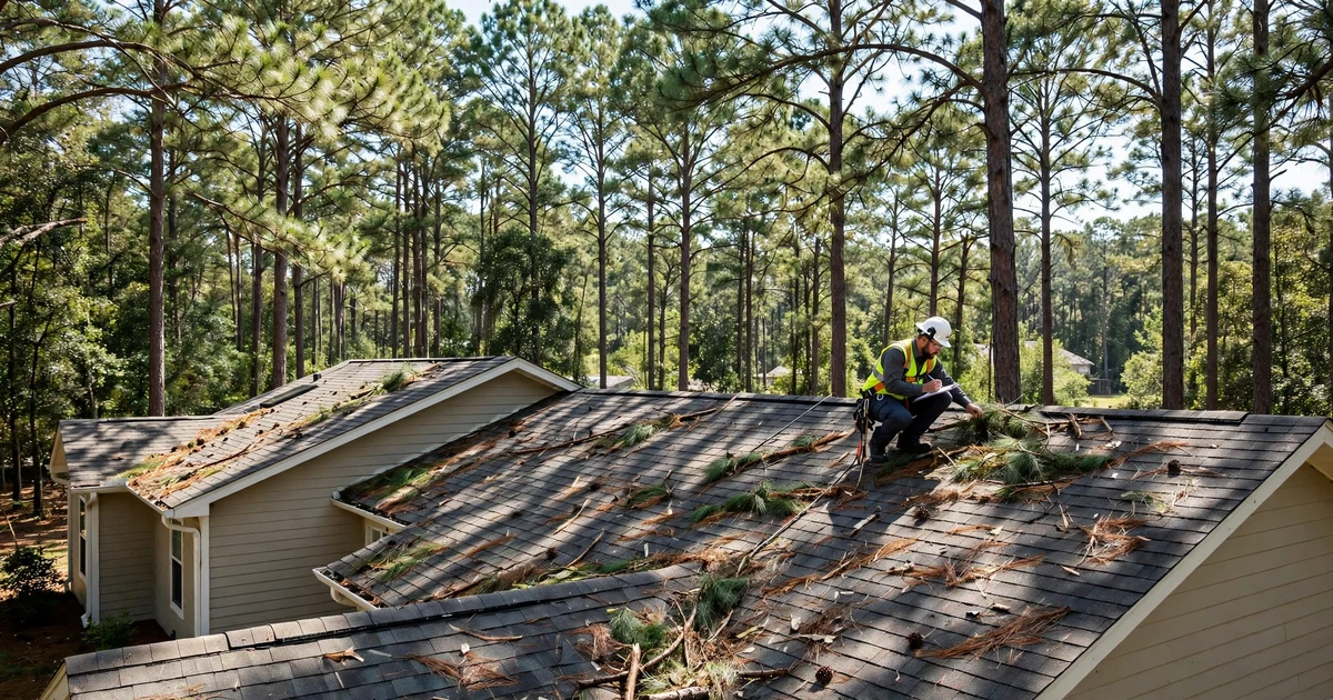 Roof Inspection in Conroe: inspector examining shingles with moisture meter on a residential roof